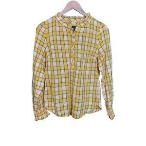 Talbots Womens Yellow Plaid Ruffle Trim Popover Blouse Size XS